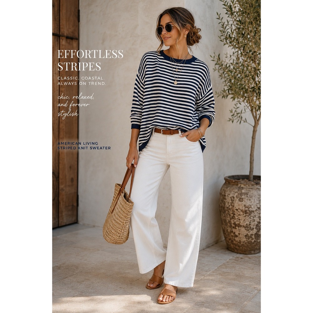 American Living Women Extra Large Navy Ivory Cotton Sweater Breton Coastal
